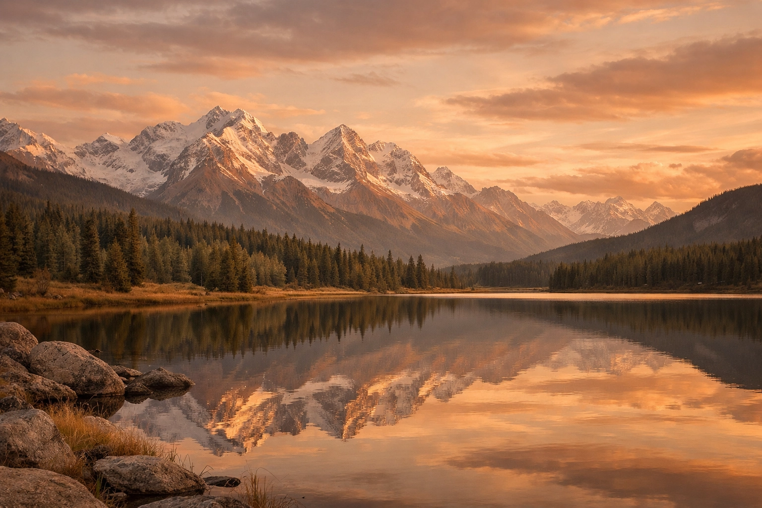 Scenic mountain lake at sunset with snowy peaks and forest reflections for a travel storytelling website