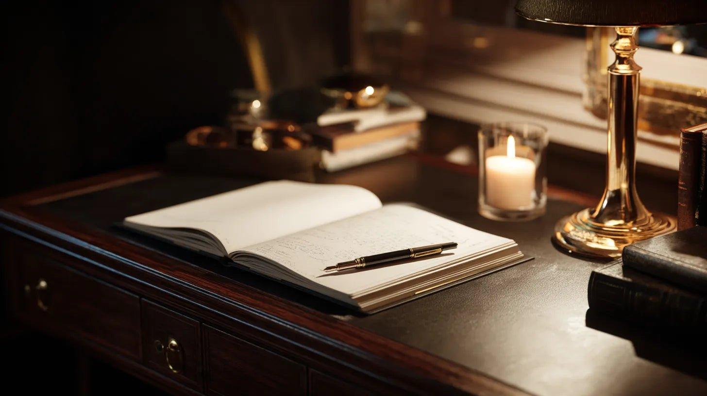 Elegant writing desk with open notebook, pen, candle, and warm lamp light