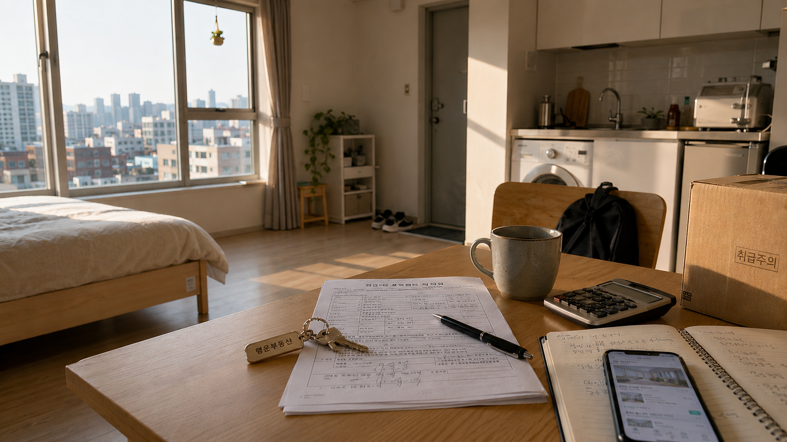 Sunlit Korean studio apartment with rental contract, keys, calculator, smartphone and moving box on a wooden table